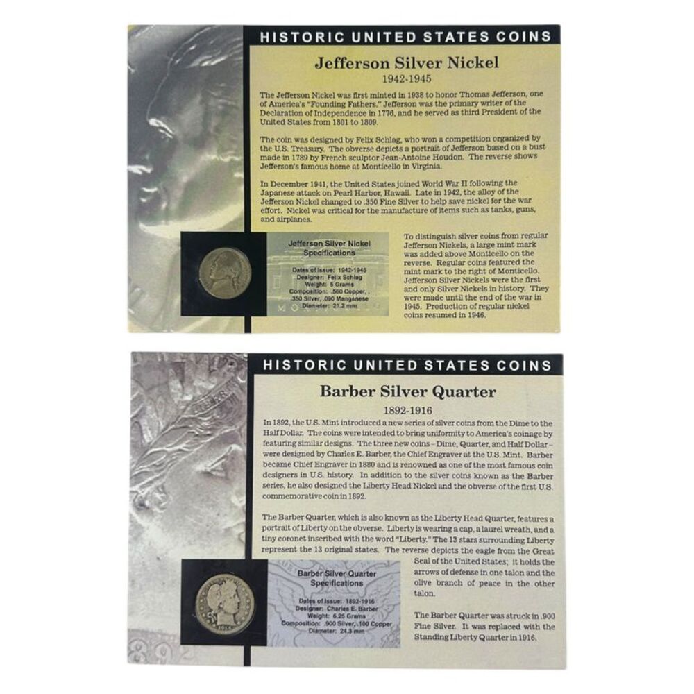 Historic United States Coins: Jefferson Silver Nickel & Barber Silver Quarter
